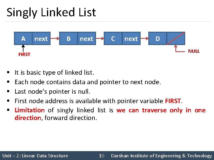 Singly Linked List A next B next C D NULL FIRST § § §