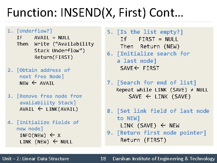Function: INSEND(X, First) Cont… 1. [Underflow? ] IF AVAIL = NULL Then Write (“Availability