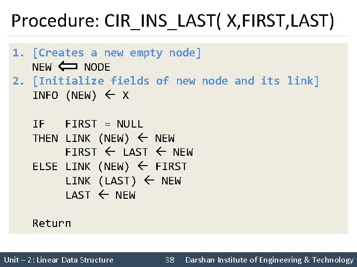 Procedure: CIR_INS_LAST( X, FIRST, LAST) 1. [Creates a new empty node] NEW NODE 2.