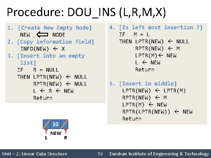 Procedure: DOU_INS (L, R, M, X) 4. [Is left most insertion ? ] IF