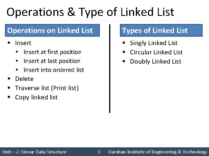 Operations & Type of Linked List Operations on Linked List Types of Linked List