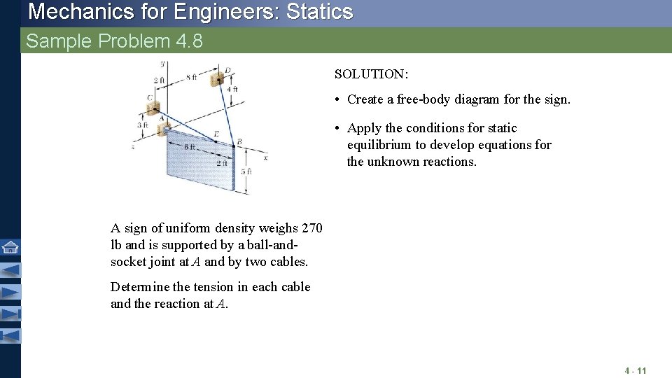 Mechanics for Engineers: Statics Sample Problem 4. 8 SOLUTION: • Create a free-body diagram