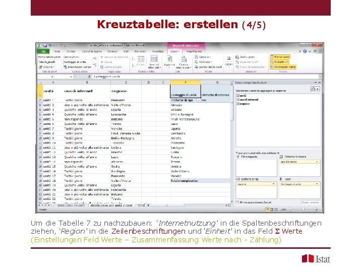 Kreuztabelle: erstellen (4/5) Um die Tabelle 7 zu nachzubauen: ‘Internetnutzung’ in die Spaltenbeschriftungen ziehen,