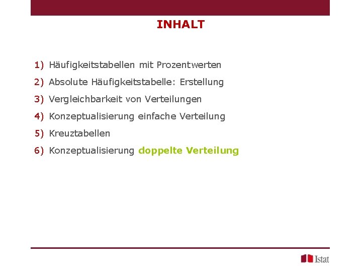 INHALT 1) Häufigkeitstabellen mit Prozentwerten 2) Absolute Häufigkeitstabelle: Erstellung 3) Vergleichbarkeit von Verteilungen 4)