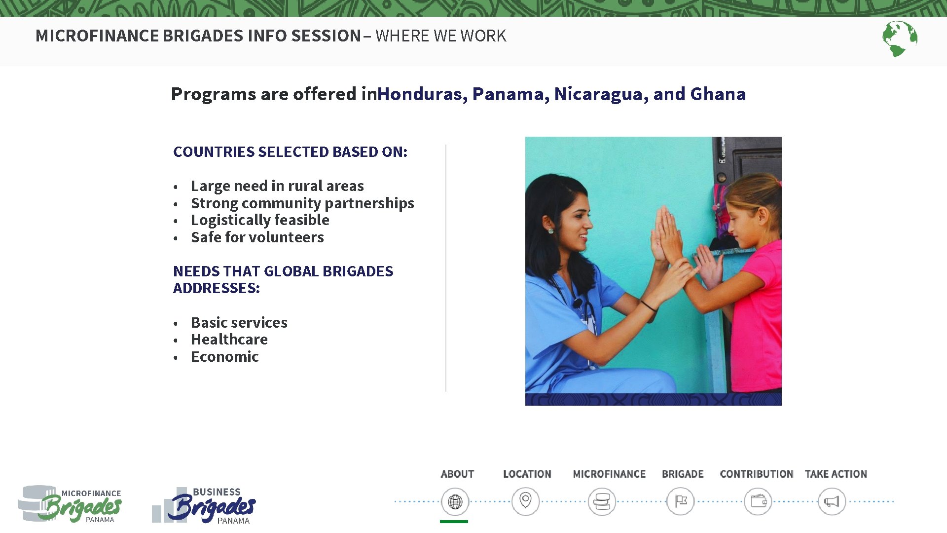 MICROFINANCE BRIGADES INFO SESSION – WHERE WE WORK Programs are offered in. Honduras, Panama,