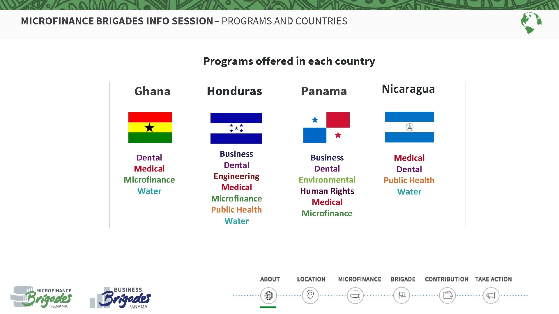 MICROFINANCE BRIGADES INFO SESSION – PROGRAMS AND COUNTRIES Programs offered in each country Ghana