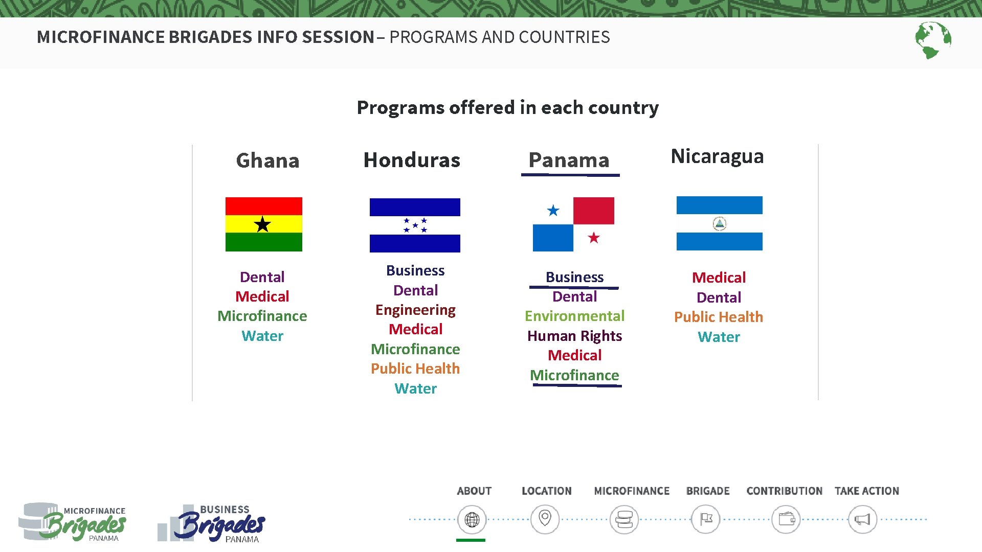 MICROFINANCE BRIGADES INFO SESSION – PROGRAMS AND COUNTRIES Programs offered in each country Ghana