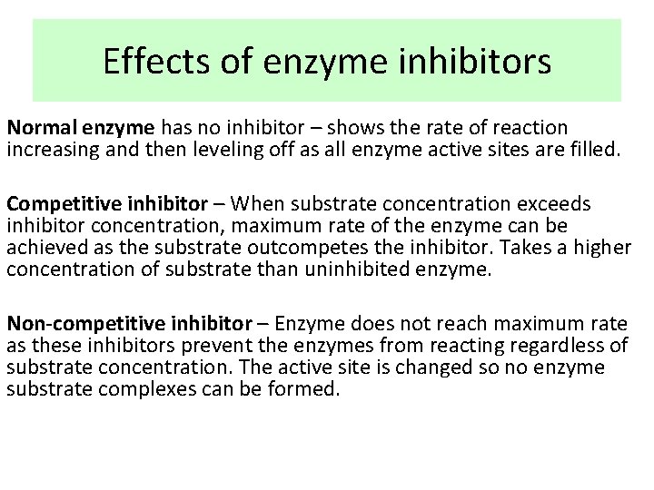 Effects of enzyme inhibitors Normal enzyme has no inhibitor – shows the rate of