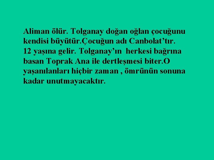 Aliman ölür. Tolganay doğan oğlan çocuğunu kendisi büyütür. Çocuğun adı Canbolat’tır. 12 yaşına gelir.