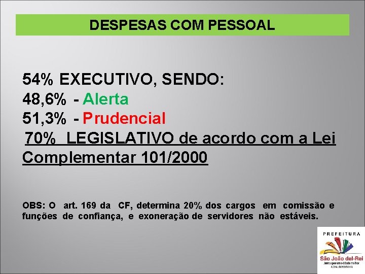 DESPESAS COM PESSOAL 54% EXECUTIVO, SENDO: 48, 6% - Alerta 51, 3% - Prudencial