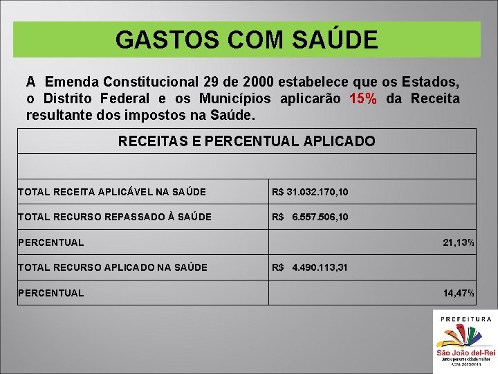 GASTOS COM SAÚDE A Emenda Constitucional 29 de 2000 estabelece que os Estados, o