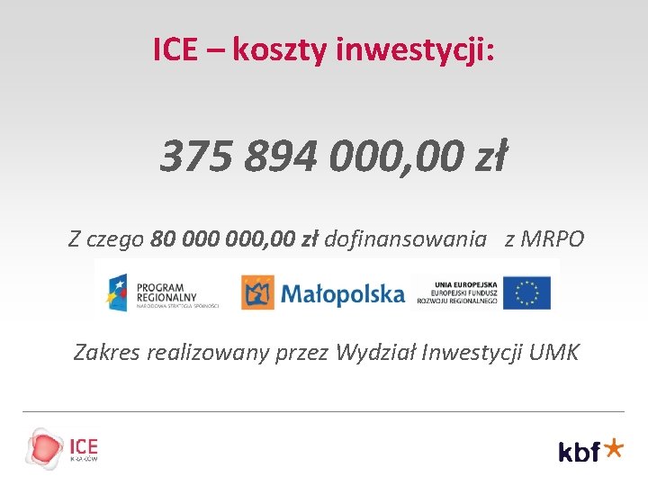 ICE – koszty inwestycji: 375 894 000, 00 zł Z czego 80 000, 00