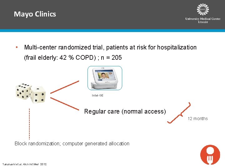 Mayo Clinics • Multi-center randomized trial, patients at risk for hospitalization (frail elderly: 42