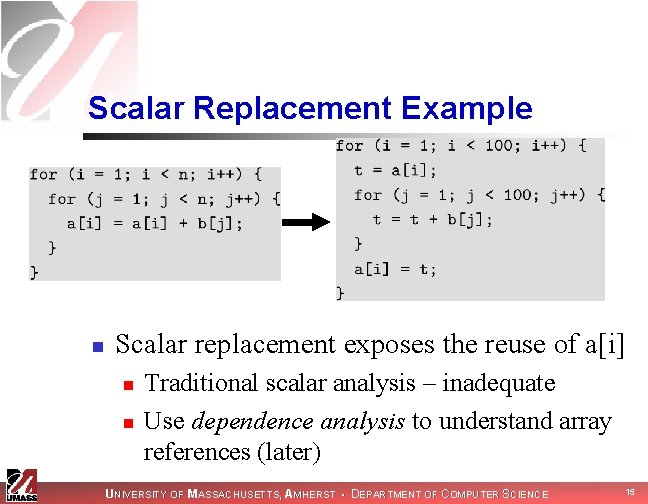 Scalar Replacement Example n Scalar replacement exposes the reuse of a[i] n n Traditional