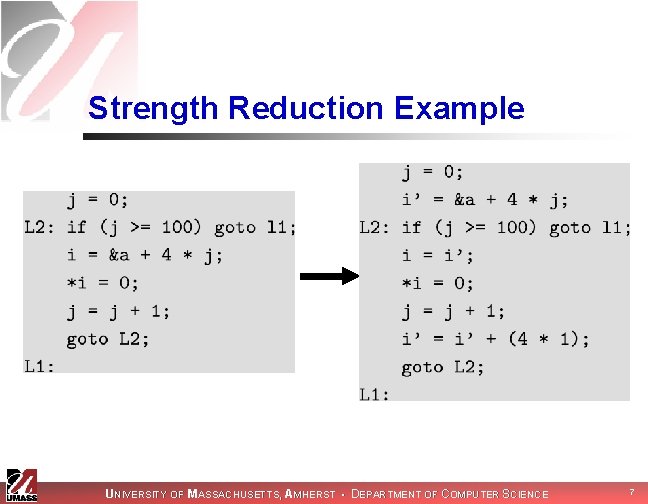 Strength Reduction Example UNIVERSITY OF MASSACHUSETTS, AMHERST • DEPARTMENT OF COMPUTER SCIENCE 7 