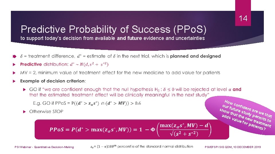 14 Predictive Probability of Success (PPo. S) to support today’s decision from available and