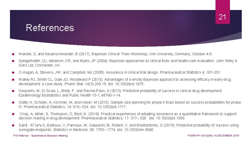 21 References Wandel, S, and Neuenschwander, B (2017). Bayesian Clinical Trials Workshop, Ulm University,