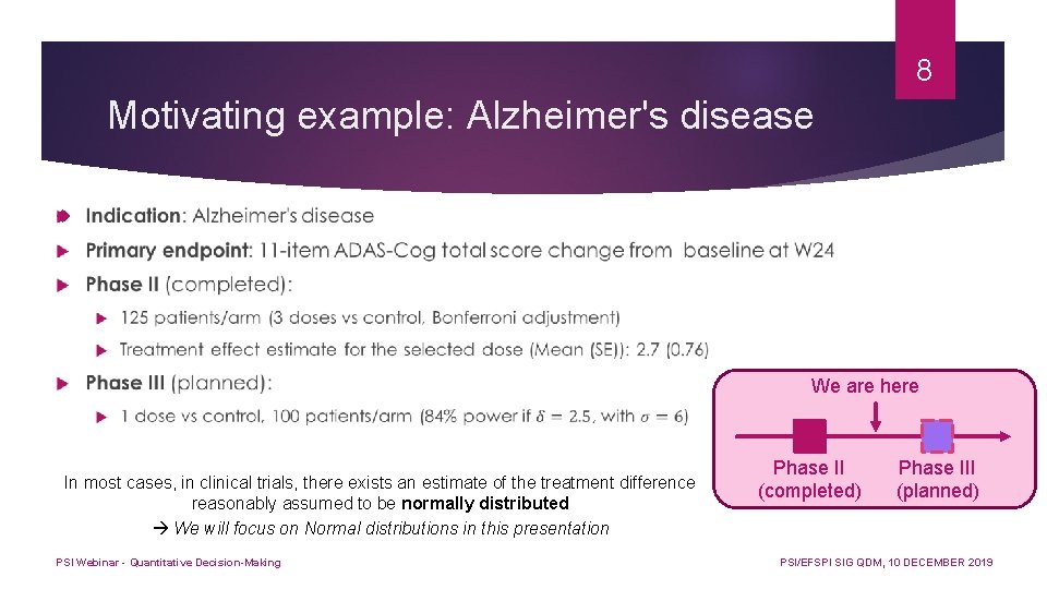 8 Motivating example: Alzheimer's disease We are here In most cases, in clinical trials,