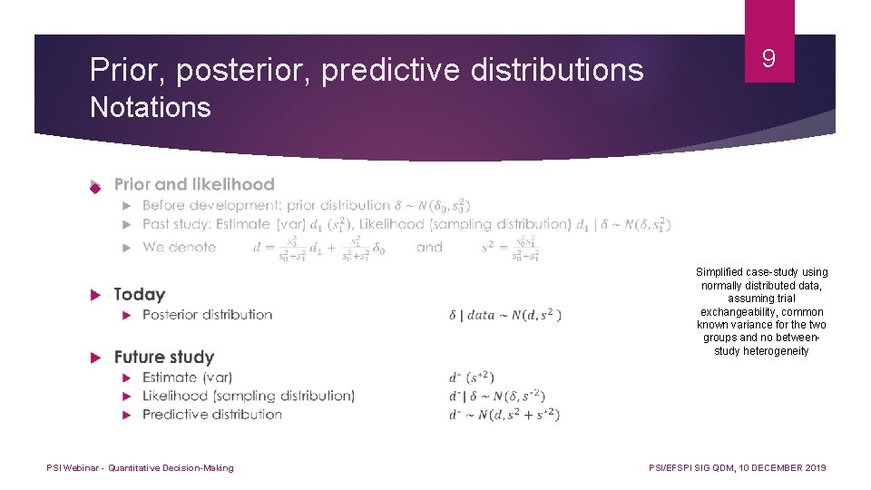 Prior, posterior, predictive distributions 9 Notations Simplified case-study using normally distributed data, assuming trial