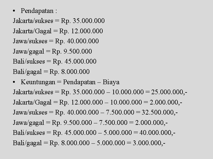  • Pendapatan : Jakarta/sukses = Rp. 35. 000 Jakarta/Gagal = Rp. 12. 000