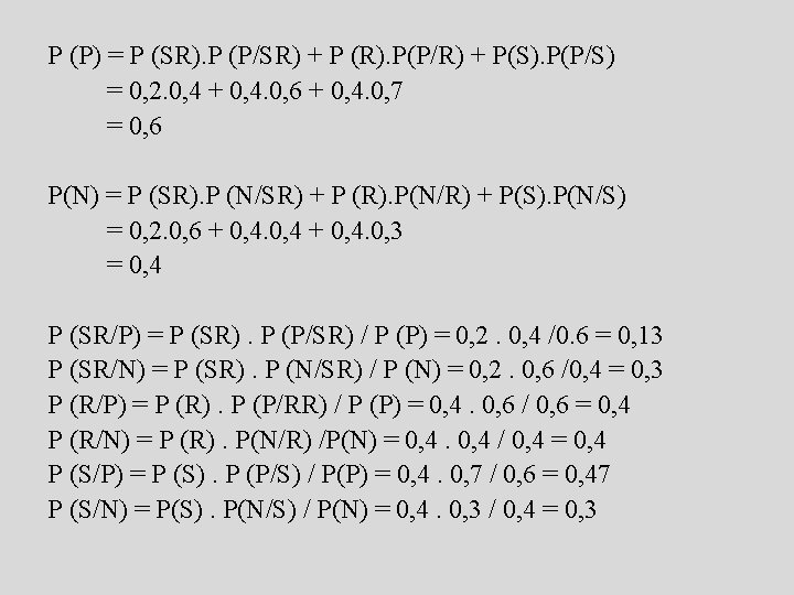 P (P) = P (SR). P (P/SR) + P (R). P(P/R) + P(S). P(P/S)