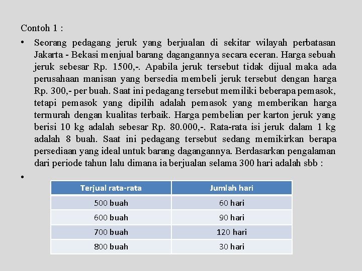 Contoh 1 : • Seorang pedagang jeruk yang berjualan di sekitar wilayah perbatasan Jakarta