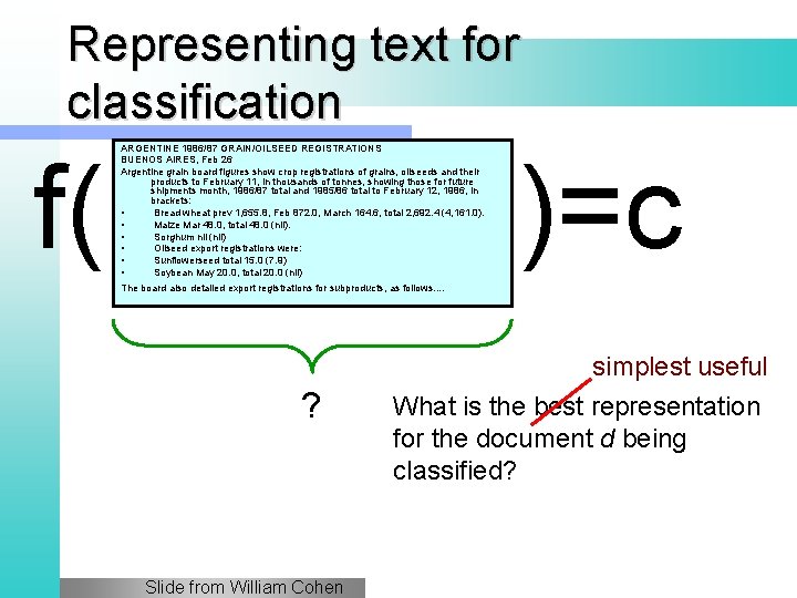 Representing text for classification f( ARGENTINE 1986/87 GRAIN/OILSEED REGISTRATIONS BUENOS AIRES, Feb 26 Argentine