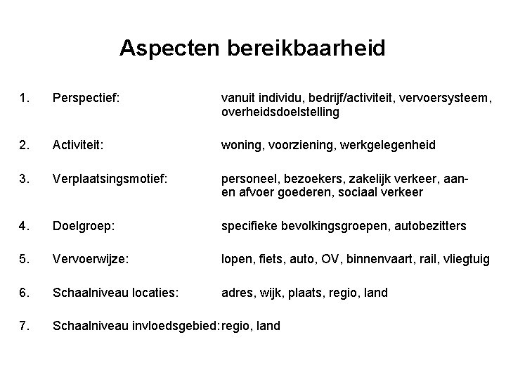 Aspecten bereikbaarheid 1. Perspectief: vanuit individu, bedrijf/activiteit, vervoersysteem, overheidsdoelstelling 2. Activiteit: woning, voorziening, werkgelegenheid