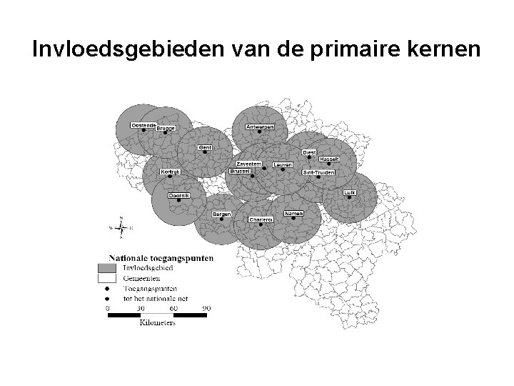 Invloedsgebieden van de primaire kernen 