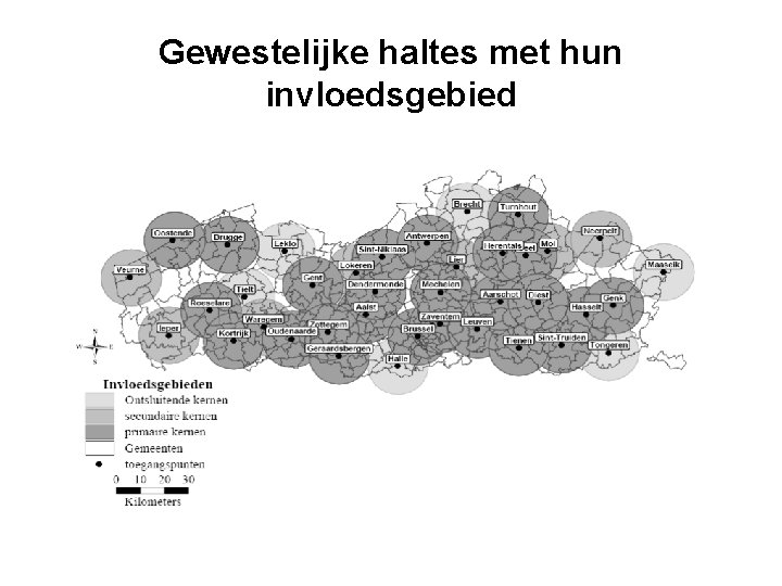 Gewestelijke haltes met hun invloedsgebied 