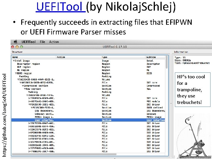 UEFITool (by Nikolaj. Schlej) https: //github. com/Long. Soft/UEFITool • Frequently succeeds in extracting files