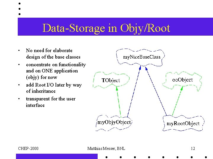 Data-Storage in Objy/Root • • No need for elaborate design of the base classes