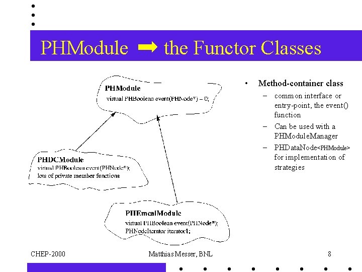 PHModule the Functor Classes • Method-container class – common interface or entry-point, the event()