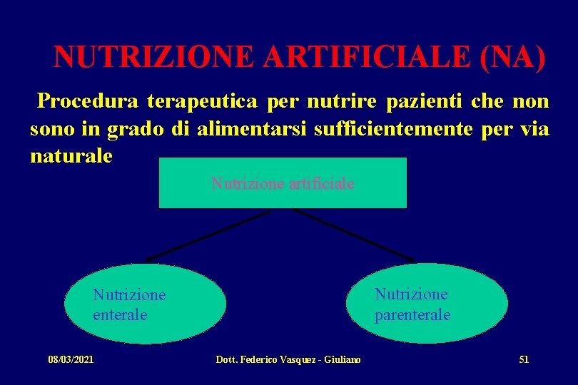 NUTRIZIONE ARTIFICIALE (NA) Procedura terapeutica per nutrire pazienti che non sono in grado di