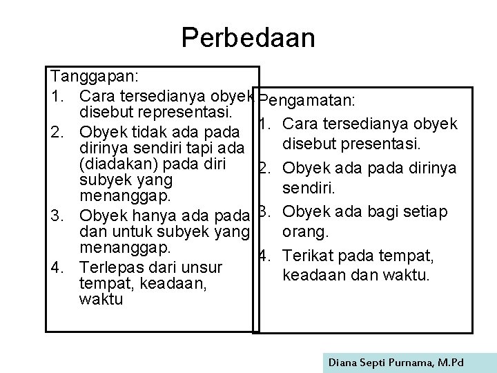 Perbedaan Tanggapan: 1. Cara tersedianya obyek Pengamatan: disebut representasi. 2. Obyek tidak ada pada