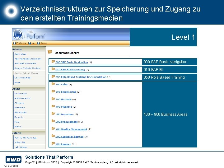 Verzeichnisstrukturen zur Speicherung und Zugang zu den erstellten Trainingsmedien Level 1 000 SAP Basic