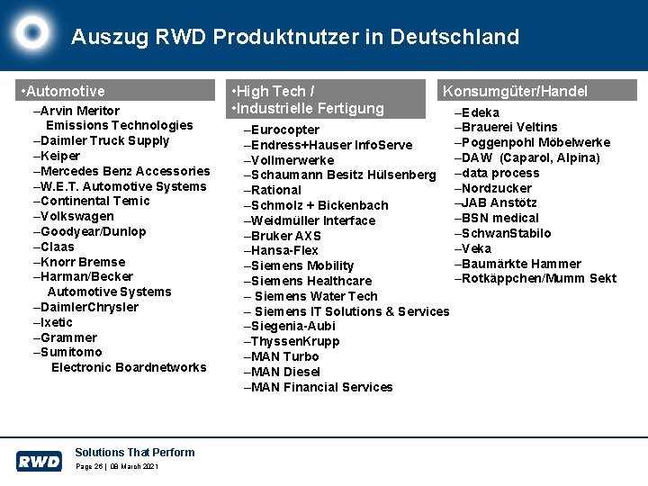 Auszug RWD Produktnutzer in Deutschland • Automotive –Arvin Meritor Emissions Technologies –Daimler Truck Supply