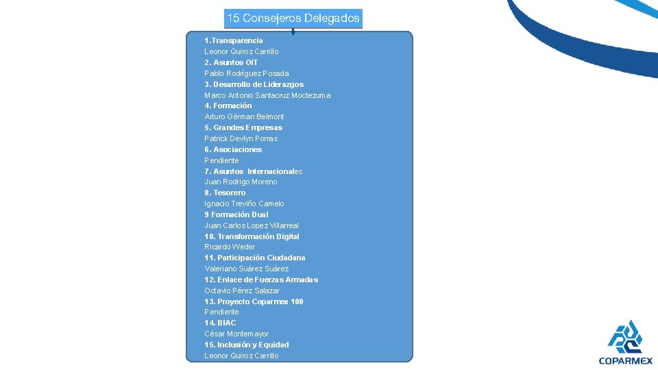 15 Consejeros Delegados 1. Transparencia Leonor Quiroz Carrillo 2. Asuntos OIT Pablo Rodríguez Posada