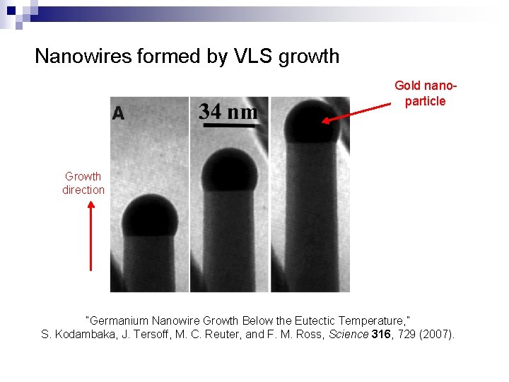 Nanowires formed by VLS growth Gold nanoparticle Growth direction “Germanium Nanowire Growth Below the