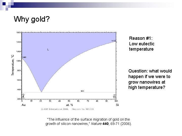 Why gold? Reason #1: Low eutectic temperature Question: what would happen if we were