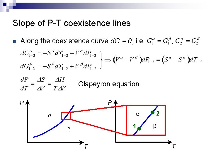Slope of P-T coexistence lines n Along the coexistence curve d. G = 0,