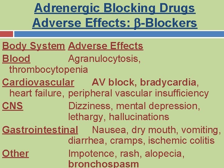 Adrenergic Blocking Drugs Adverse Effects: b-Blockers Body System Adverse Effects Blood Agranulocytosis, thrombocytopenia Cardiovascular