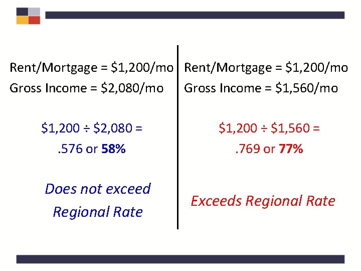 Rent/Mortgage = $1, 200/mo Gross Income = $2, 080/mo Gross Income = $1, 560/mo