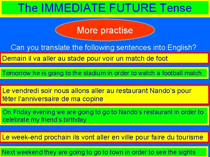 The IMMEDIATE FUTURE Tense More practise Can you translate the following sentences into English?