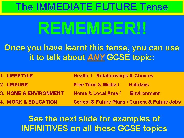 The IMMEDIATE FUTURE Tense REMEMBER!! Once you have learnt this tense, you can use