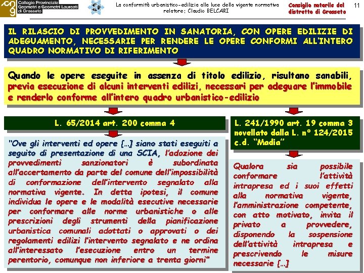 La conformità urbanistico-edilizia alla luce della vigente normativa relatore: Claudio BELCARI Consiglio notarile del
