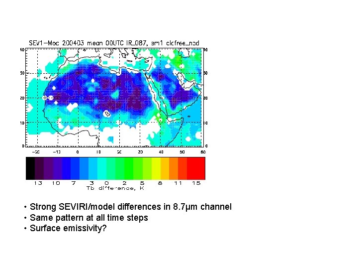  • Strong SEVIRI/model differences in 8. 7μm channel • Same pattern at all