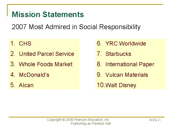 Mission Statements 2007 Most Admired in Social Responsibility 1. CHS 6. YRC Worldwide 2.