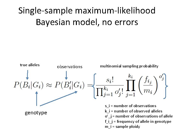 Single-sample maximum-likelihood Bayesian model, no errors true alleles genotype observations multinomial sampling probability s_i