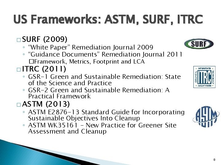 US Frameworks: ASTM, SURF, ITRC � SURF (2009) ◦ “White Paper” Remediation Journal 2009